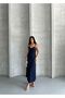 Navy Blue Light Flowing Summer Long Dress with Adjustable Straps and Stone Detail and Elastic Back - 148 - 3