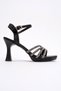 Women's Piping Stone Heeled Sandals Black Satin - 2