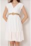 Ecru Kravuze Straw Knitted Belt Embroidered Knee-Length Dress - 5