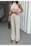 Cross Neck Tie Elastic Top Lace up Size Elastic Waist Palazzo Trousers Linen Suit - 5