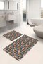 Flower Patterned Navy Blue-Pink Colored 2-Piece Non-Slip Base Washable Bath Mat Set - 4