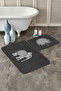 Black and White 2-Piece Non-Slip Base Washable Bath Mat Set with Elephant and Daisy Motifs - 2