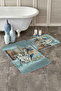 Set of 2 Non-Slip Base Washable Bath Mats with Bird and Flower Pattern on Blue Background