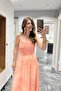Long Tulle Dress with Rope Strap Degaje Collar Lining Salmon - 5
