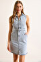 Women Light Blue Half Button Pocket Mini Denim Dress Elb-19002492 - 5