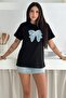 Women's Black Ribbon Pattern Beads and Sequins Embroidered Denim Detailed 100% Cotton T-Shirt - 3