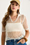 Women's Ecru Mesh Detail Collared Openwork Knitwear Blouse 20251006 - 3