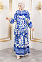 Half Buttoned Viscose Long Hijab Dress with Patch Tsd250206 Indigo - 3