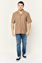 Men Notched Collar Short Sleeve Stripe Casual Shirt, Tan - 2