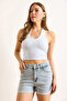 Women's Light Blue Lycra Denim Shorts with Fold Detail and Pockets Shrt-19000070 - 5