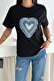 Women's Black Heart Pattern Bead Embroidered Denim Detailed 100% Cotton T-Shirt