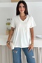 Women's White V-Neck Flower Pattern Sequins and Beads Embroidered 100% Cotton T-Shirt