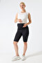 Women's Black Ribbed Above-Knee Biker Maternity Leggings High Waist Adjustable & Stretchy