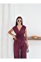 Women's Burgundy Waist Drawstring and Lace Detailed Blouse Pants Set - 2