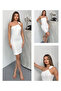 White Sandy Fabric One Shoulder Gold Buckle Stylish Dress - 4