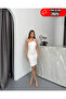 White Sandy Fabric One Shoulder Gold Buckle Stylish Dress - 2