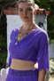 Organic Cotton Purple Double Breasted Collar 3/4 Sleeve Tie Washable Casual Crop Woven Blouse 40 60