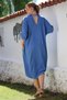 Italian Indigo Shirt Collar Buttoned 3/4 Sleeve Hidden Pocket Casual Oversize Woven Dress 115 70 - 2