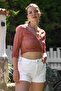 Organic Cotton Dusty Rose Double Breasted Collar 3/4 Sleeve Tie-Up Washable Casual Crop Woven Blouse 40 60 - 4