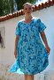 Italian Turquoise Pool Collar Short Sleeve Floral Casual Oversize Woven Dress 110 70