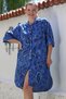 Italian Cobalt Blue Shirt Collar Buttoned 3/4 Sleeve Pocket Allover Printed Casual Woven Dress 105 70 - 6