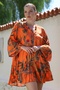 Orange Judge Collar Flounced Sleeve Button Skirt Ruffled Allover Printed Casual Woven Dress 90 64 - 6