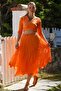 Organic Cotton Orange Double Breasted Collar 3/4 Sleeve Tie Washed Casual Crop Woven Blouse 40 60 - 8