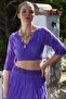 Organic Cotton Purple Double Breasted Collar 3/4 Sleeve Tie Washable Casual Crop Woven Blouse 40 60 - 3