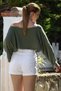 Organic Cotton Khaki Boat Neck Flounced Sleeve Washed Dirty Stitched Casual Muslin Crop Woven Blouse 38 80 - 2