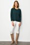 Women's O-Neck Front Pleated Beaded Ligral Blouse Green - 5