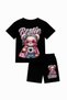 Bestie Black and Pink Color Girl's Set - Teddy Bear Printed T-Shirt & Shorts Set of 2