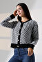Round Neck Long Sleeve Buttoned Diamond Jacquard Patterned Furry Soft Textured Knitwear Cardigan - 7