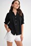 4725 Women's Gathered Sleeve Ruffled Muslin Shirt Black - 4