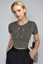 Women's Khaki Cherry Leopard Patterned Crew Neck Lycra Short Sleeve Body Crop Blouse