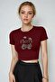 Women's Burgundy Cherry Leopard Patterned Crew Neck Lycra Short Sleeve Body Crop Blouse - 2