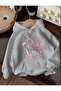 Seven Ribbon Printed Hooded Pocket Cotton Gray Sweatshirt