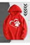 Red Sweatshirt with Paw Heart Print, Hooded Pocket and Wool Inside