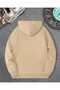 Star Denim Hoodie Printed Hooded Beige Sweatshirt with Pocket and Wool Inside - 2