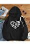 Happy Valentines Day Printed Hooded Pocket Black Sweatshirt with Wool Inside