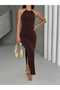 U-Neck Halter Neck Gold Accessory Detail Side Gathered Side Slit Lined Long Dress - 4
