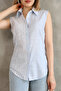 Zero Sleeve Light Blue Striped Cotton Linen Women's Shirt - 3