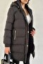 Women's Black Long Puffer Coat - Hooded, Gold Detailed - 7