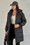 Women's Black Long Puffer Coat - Hooded, Gold Detailed - 2