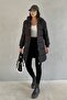 Women's Black Long Puffer Coat - Hooded, Gold Detailed - 4