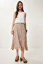 Wrinkle Effect Woven Midi Skirt Beige Lns0019