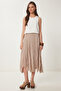 Wrinkle Effect Woven Midi Skirt Beige Lns0019 - 3