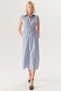 Blue Striped Cotton Midi Shirt Dress with Elastic Waist and Lace Detail