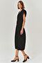 Belt Detailed V-Neck Cotton Black Regular Midi Dress - 4