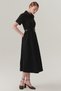 Shirt Collar Short Sleeve Waist Fitted Midi Length Black Dress with Belt - 2