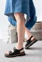 Hanımsoller Women's Merlin Black Skin Double Strap Vardola Detailed Sandals - 4